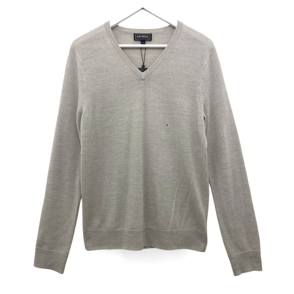 Express NWT Men's Extra Fine Merino Wool V-Neck Sweater Oatmeal Beige S